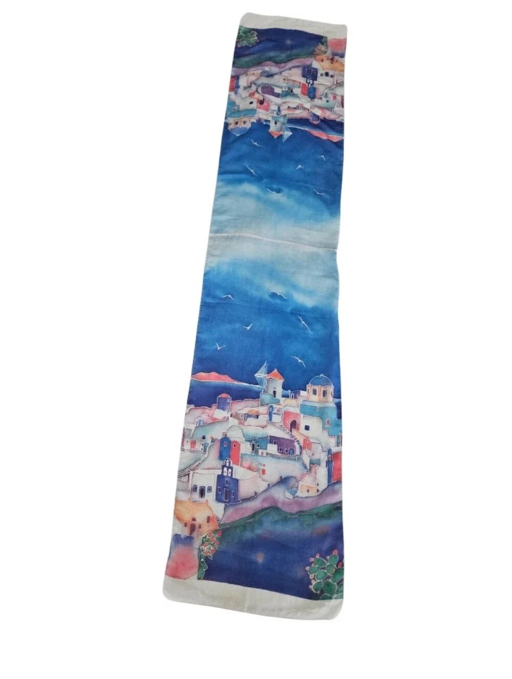 Ifasma Hand Made  Santorini Watercolor Mediterranean Village Scarf